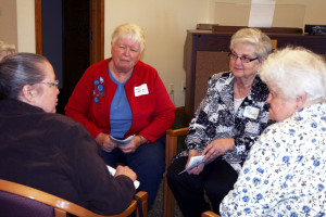 Barb Arland-Fye These women religious were among 80 people — members of religious communities, a bishop and several priests — participating in an event  Sept. 13 at the Congregation of the Humility of Mary Center, Davenport, to celebrate the Year of Consecrated Life. Pictured clockwise from left are Sister Miriam Hogan, OCD; Sister Kathleen Mullin, BVM; Sister Mary Bea Snyder, CHM; and Sister Lynne Elwinger, OCD.    